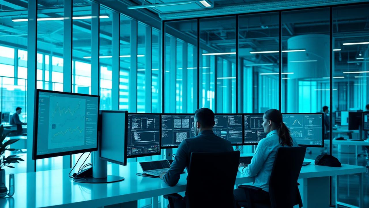 Enterprise engineering team working across multiple monitors in a modern office