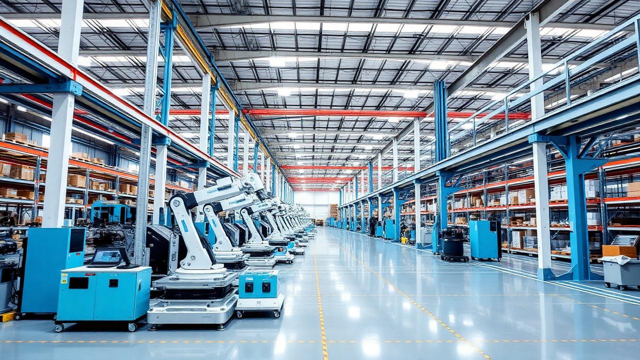 Automated retail manufacturing warehouse with robotic arms and connected inventory systems