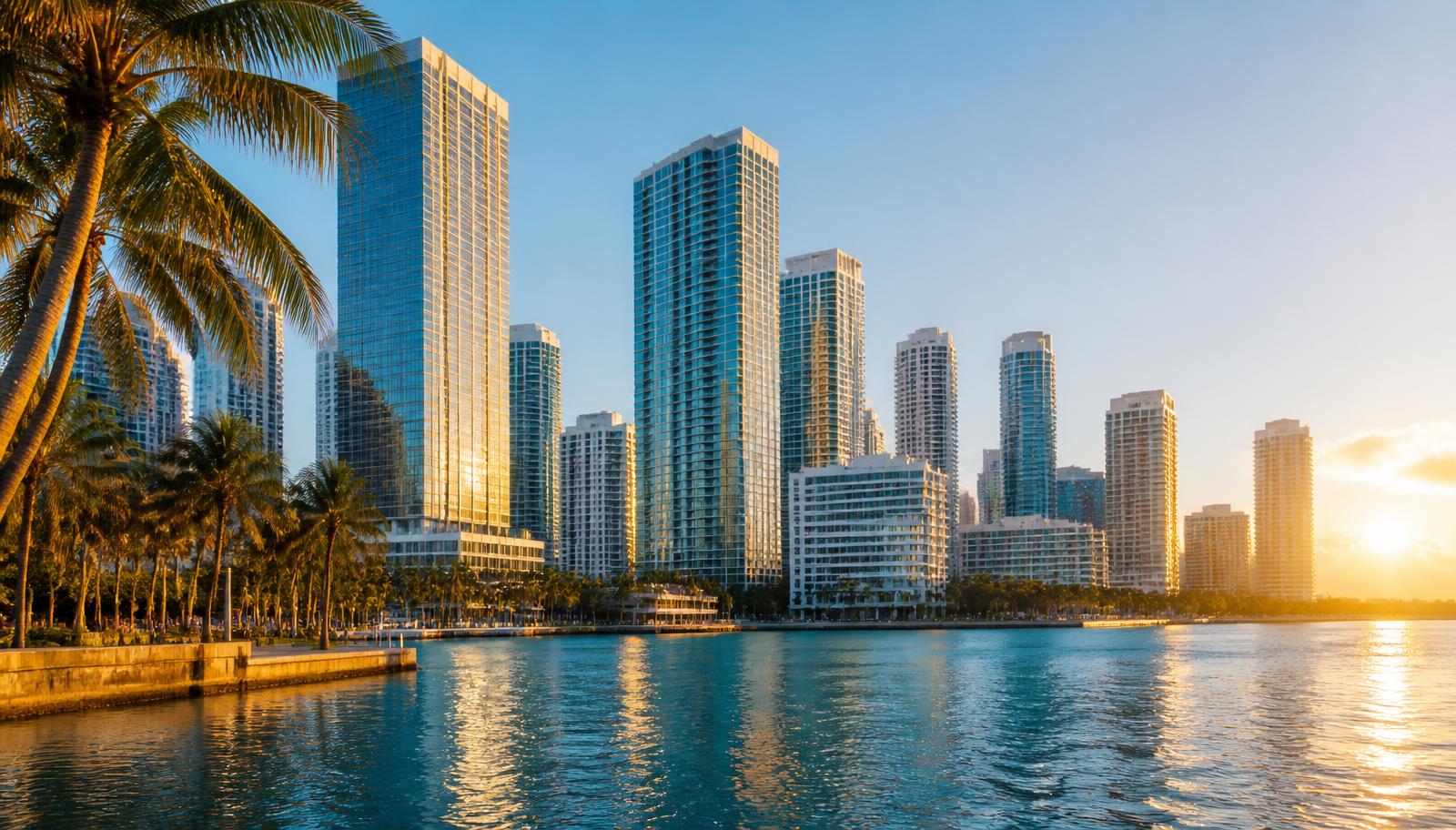 Miami skyline with Brickell high-rise towers along Biscayne Bay at sunset